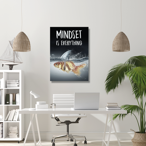 Mindset is everything, Goldfish turns into a shark, Goldfisch verkleidet sich als Hai, Wandbild, AluDibond, Kunstwerk, Hingucker, Einstellung, Geisteskraft, Selbstvertrauen, lebendige Farben, klare Design, Stabilität, Langlebigkeit, Drucktechnologie, Kontraste, Wohnzimmer, Büro, Schlafzimmer