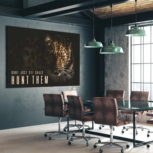 Wandbild, Leopard, Porträt, Motivation, inspirierend, hochwertig, langlebig, Büro, Wohnzimmer, Schlafzimmer, Geschenk, Erfolg, Ziele, Jagd, Wildnis, Herausforderungen, kämpfen, erreichen, Geschenk