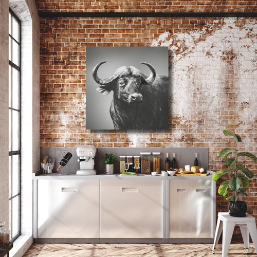 Wandbild, Buffalo Bull ,Kaffernbüffel ,Syncerus caffer ,afrikanischer BüffelBuffalo Bull, Kaffernbüffel, Afrikanischer Büffel, Savanne, Tierwelt, Wildtiere, Natur, Wildlife, Tiere, Büffel, Afrika, Naturfotografie, Landschaft, Tierporträt, Schwarzweiß, Wandkunst, Kunstwerk, Dekoration, Fotografie, Safari, Wildnis, Abenteuer, Tierbeobachtung, Tierfotografie, Tiermotiv, Tierportrait