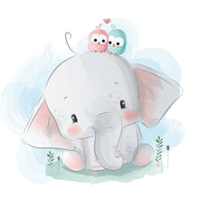 Lade das Bild in den Galerie-Viewer, Kinderzimmer Wandbild Gallery-Print: Elefant mit einer rosa und einer hellblauen Eule auf dem Kopf
