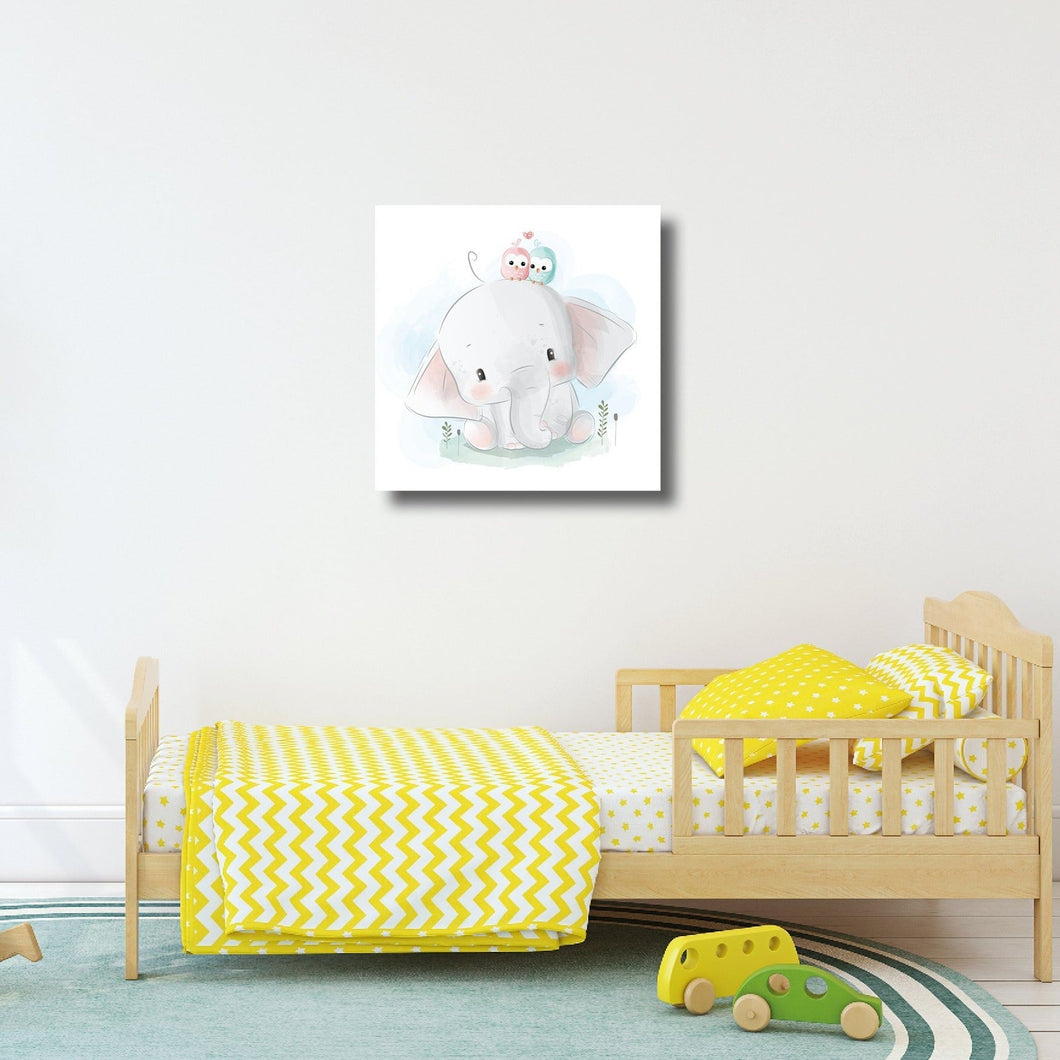 Kinderzimmer Wandbild Gallery-Print: Elefant mit einer rosa und einer hellblauen Eule auf dem Kopf